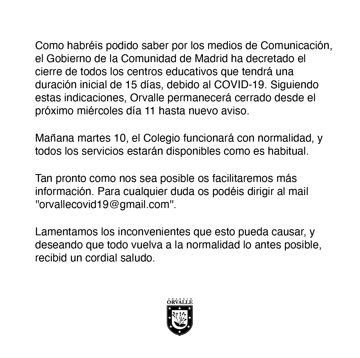 Comunicado del Colegio Orvalle con motivo del COVID-19